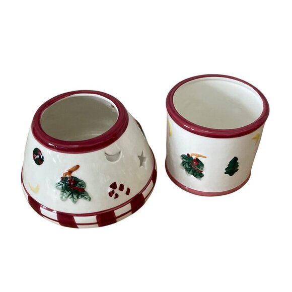 Vtg Christmas Ceramic Candle Holder w Shade Topper Moon Stars Candy Cane Tree - Picture 2 of 8